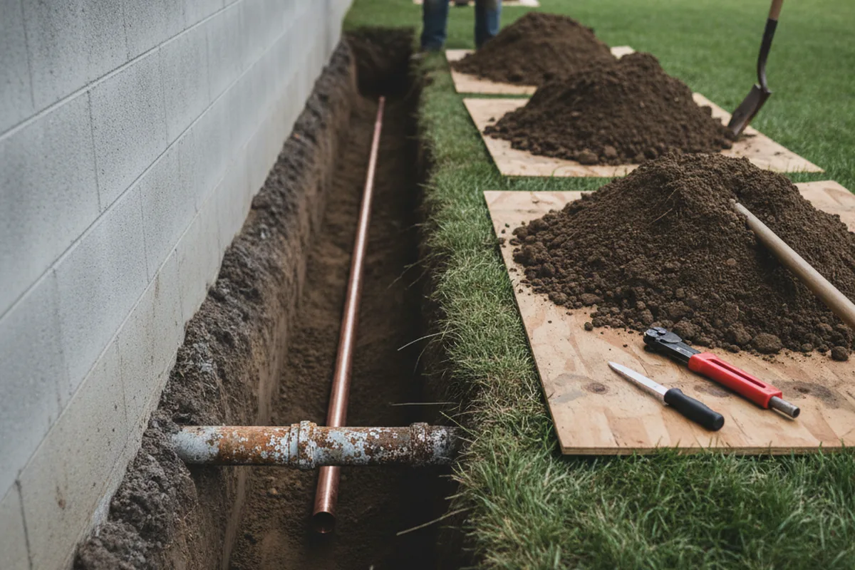 Excavated water line trench during Sewer Line Repair in Alsea